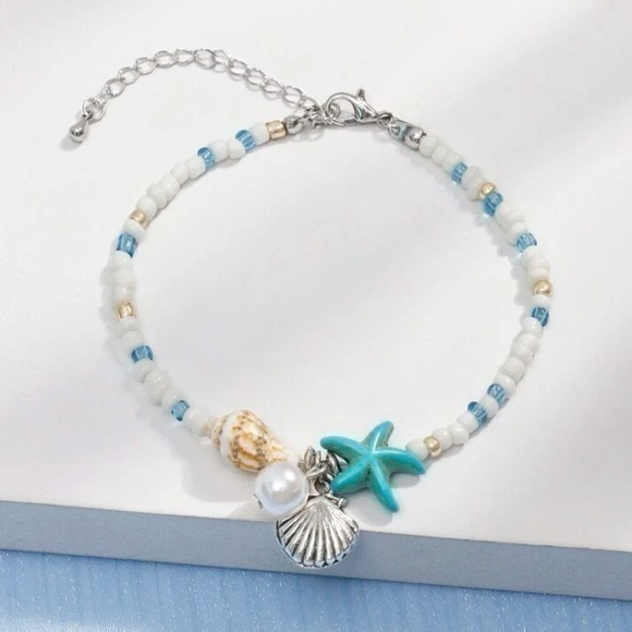 Jewelry - Shell Charm Bracelet Turquoise White Starfish Faux Pearl